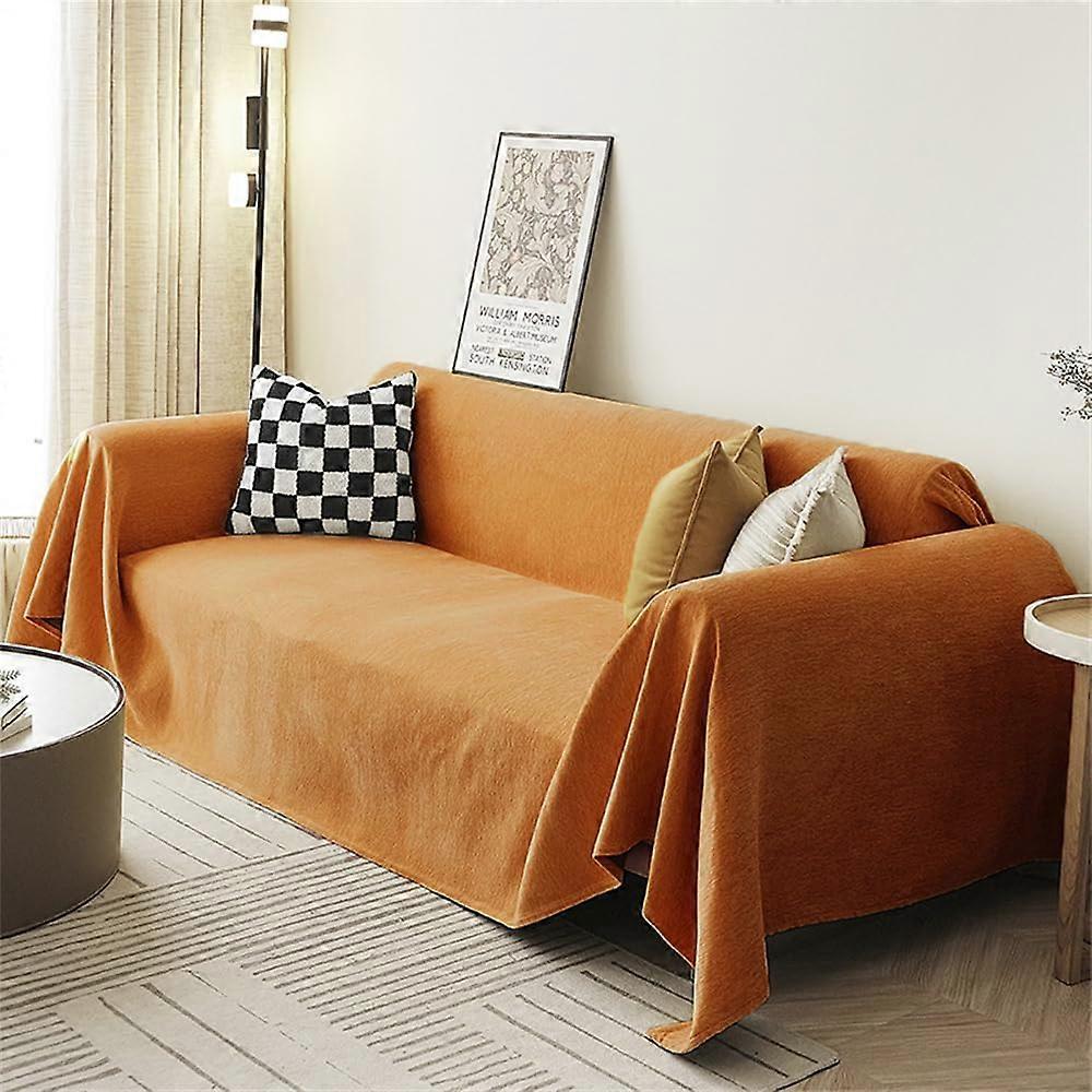 Throw for Sofa Nordic Morandi Solid Color Soft Reversible Blanket 180x380cm For 4Seat Orange