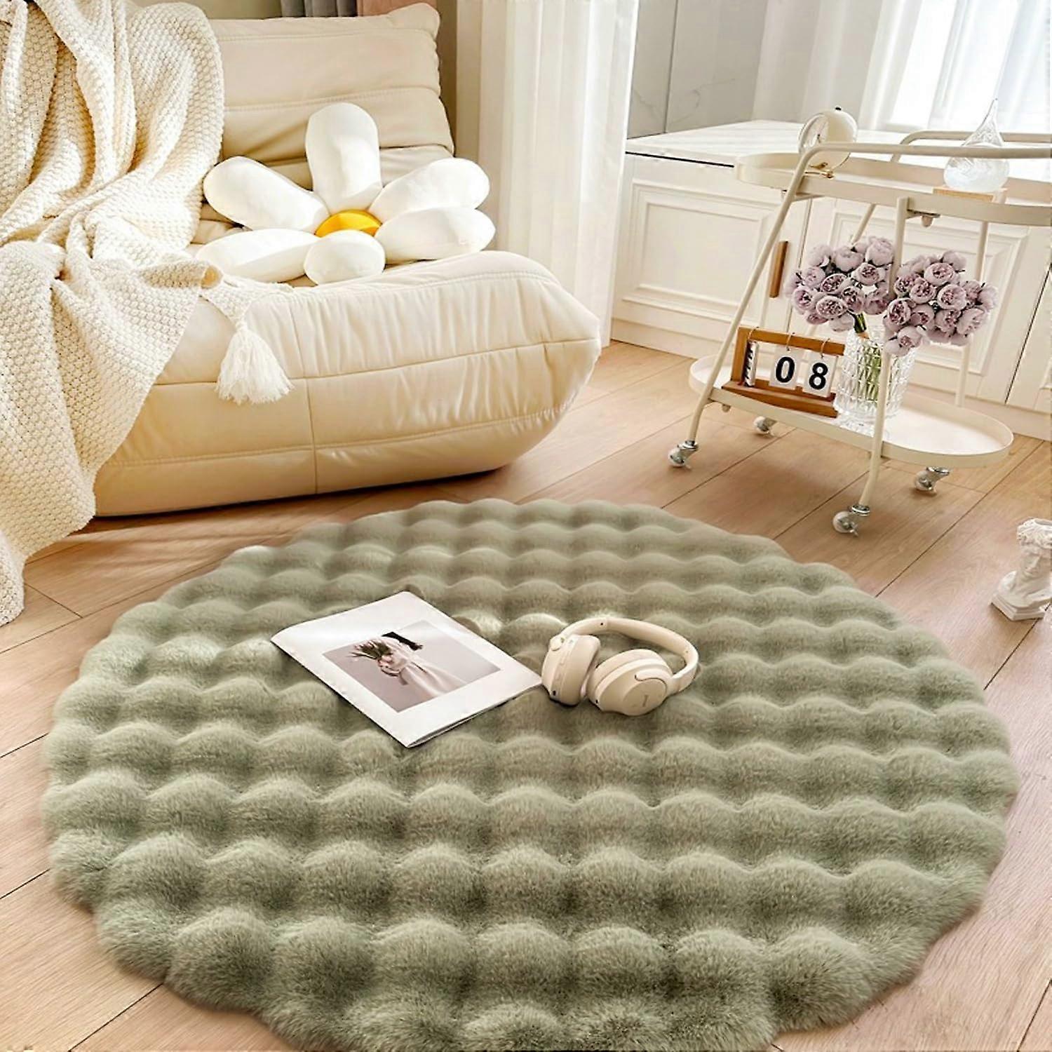 Round Rug Machine Washable Indoor Area Rug NonSlip Circular Carpet Distressed Grey Green Print 160 cm