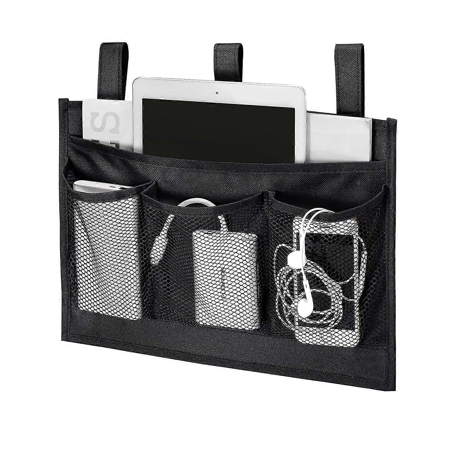 Black Bedside Organizer, 4 Pockets Hanging Storage for Bed Sofa, Holder for Book Phone Glasses Remote
