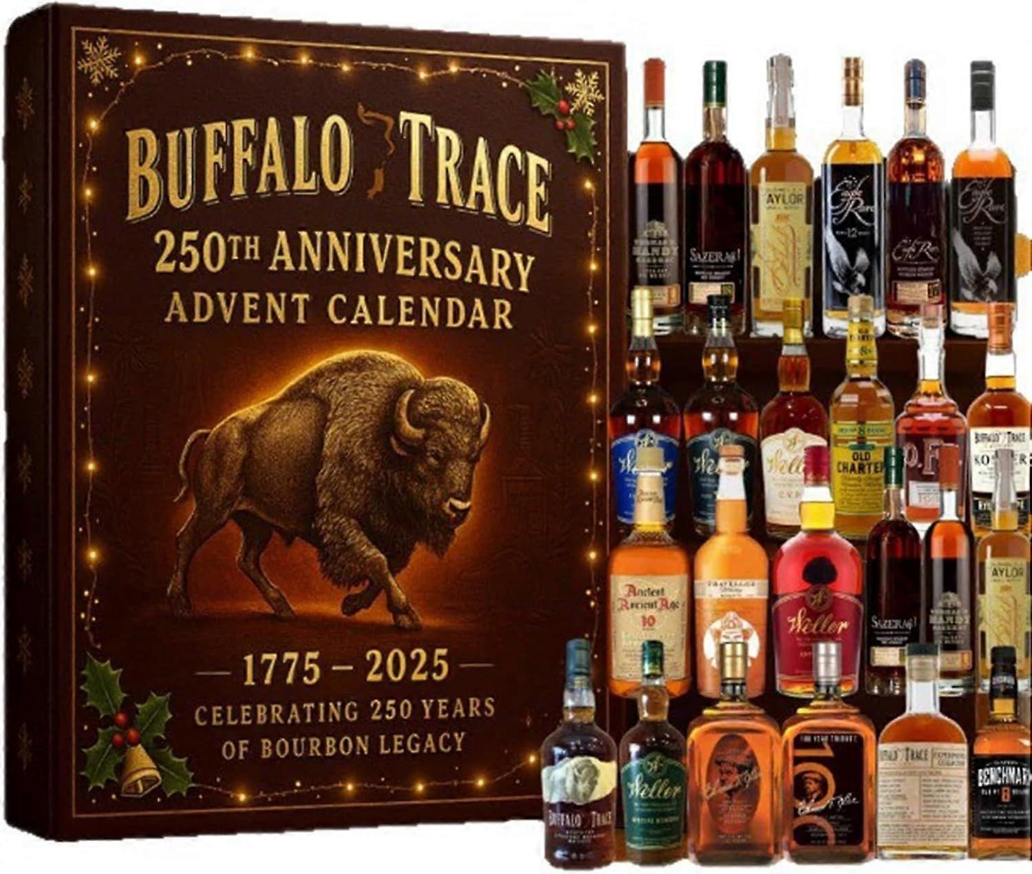 Buffalo Trace 250th Anniversary Advent Calendar 2025, 24 Days Christmas Countdown Calendar with 24 Whiskeys Christmas 2D Acrylic Ornament, Christmas T
