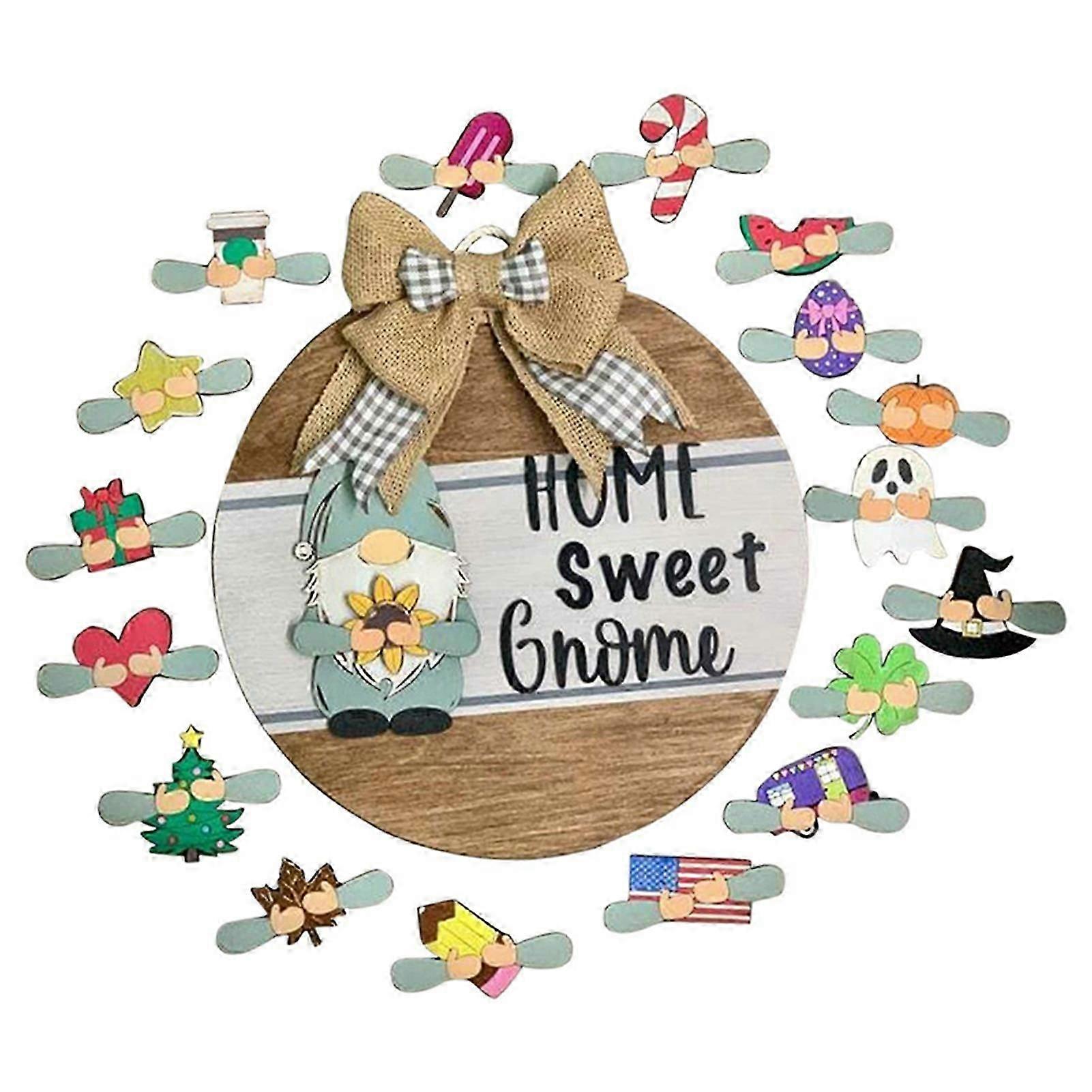 Gnome Welcome Sign Front Door Hanger with 18 Interchangeable Inserts for Farmhouse Rustic Wooden Porch Decor