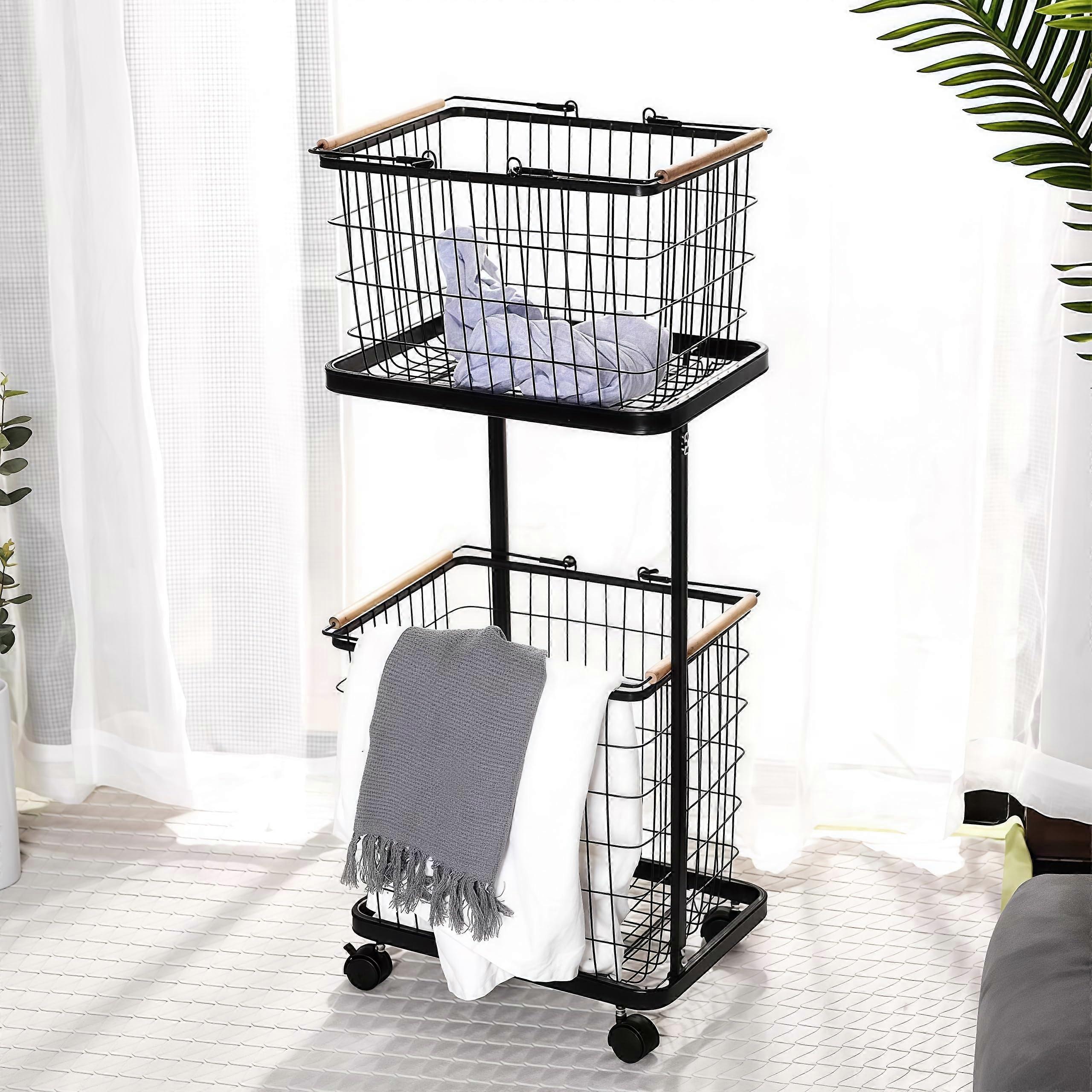 2 Tiers Rolling Laundry Basket With Wood Handles Mobile Laundry Cart With Removable Basket Floor And Wheels Black