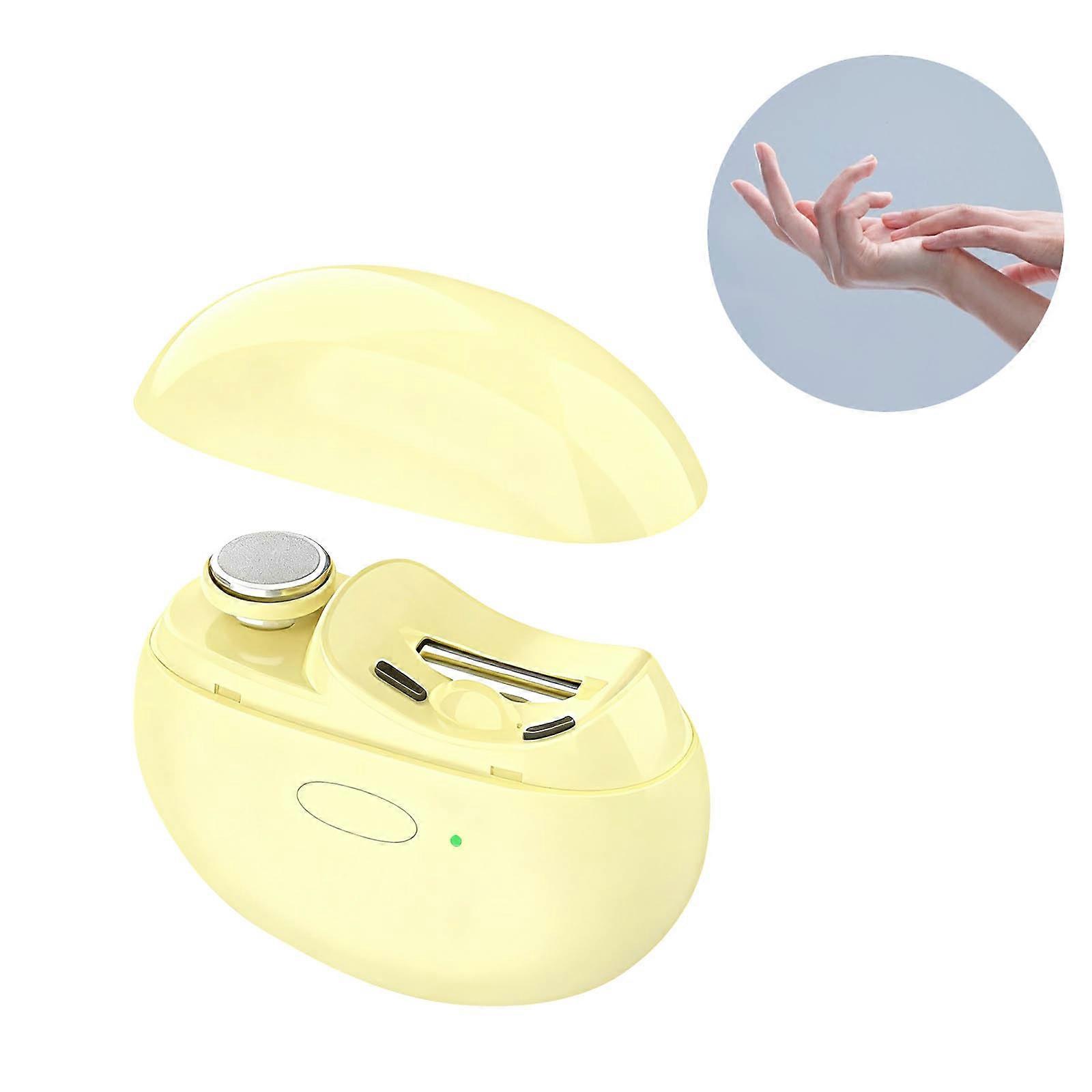 Cortauñas y pulidora automática con amoladora integrada para bordes suaves. Diseño portátil ideal para viajes. Color amarillo.