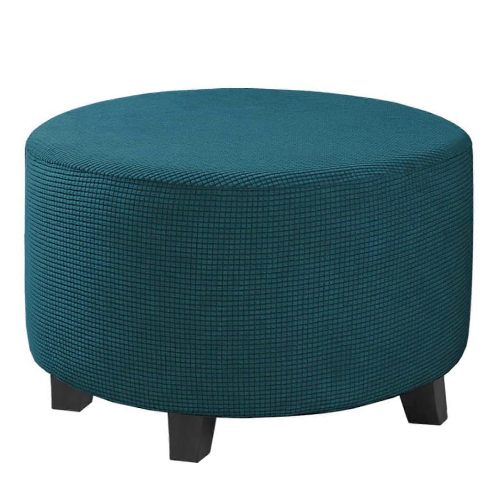 Round Ottoman Slipcover Size L Deep Blue Stretch Fit Elastic Bottom