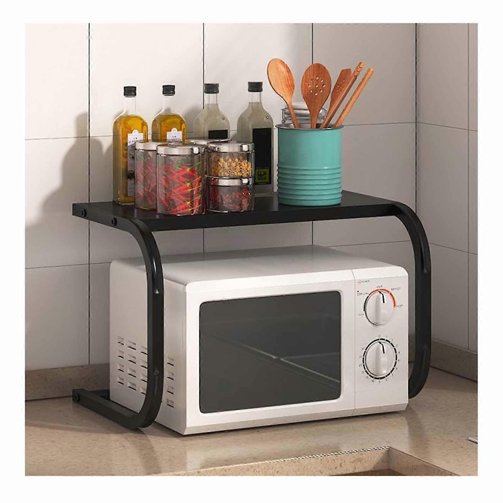 Microwave Stand with Adjustable Shelves and Hooks, Space Saving Metal Kitchen Countertop Rack, Black