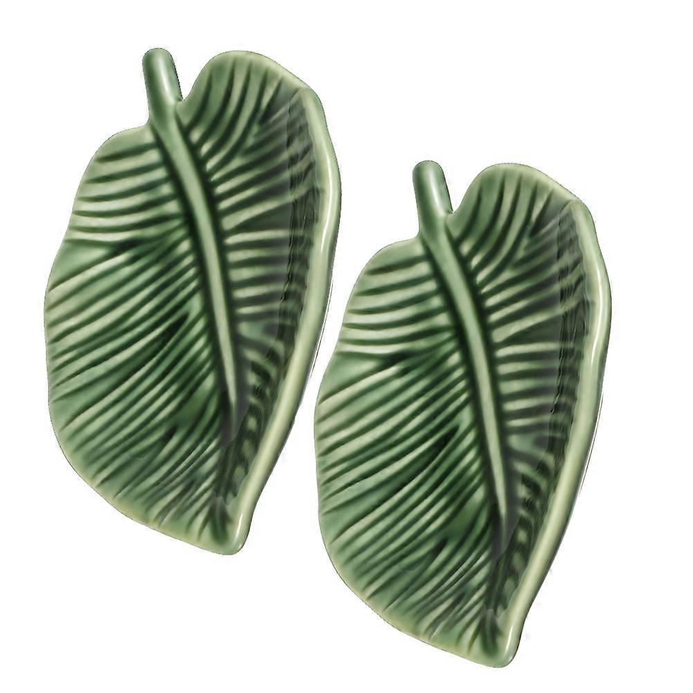 Leaf Shape Ceramic Plate for Storage Use 2Pcs Ceramic Trinket Tray Holder