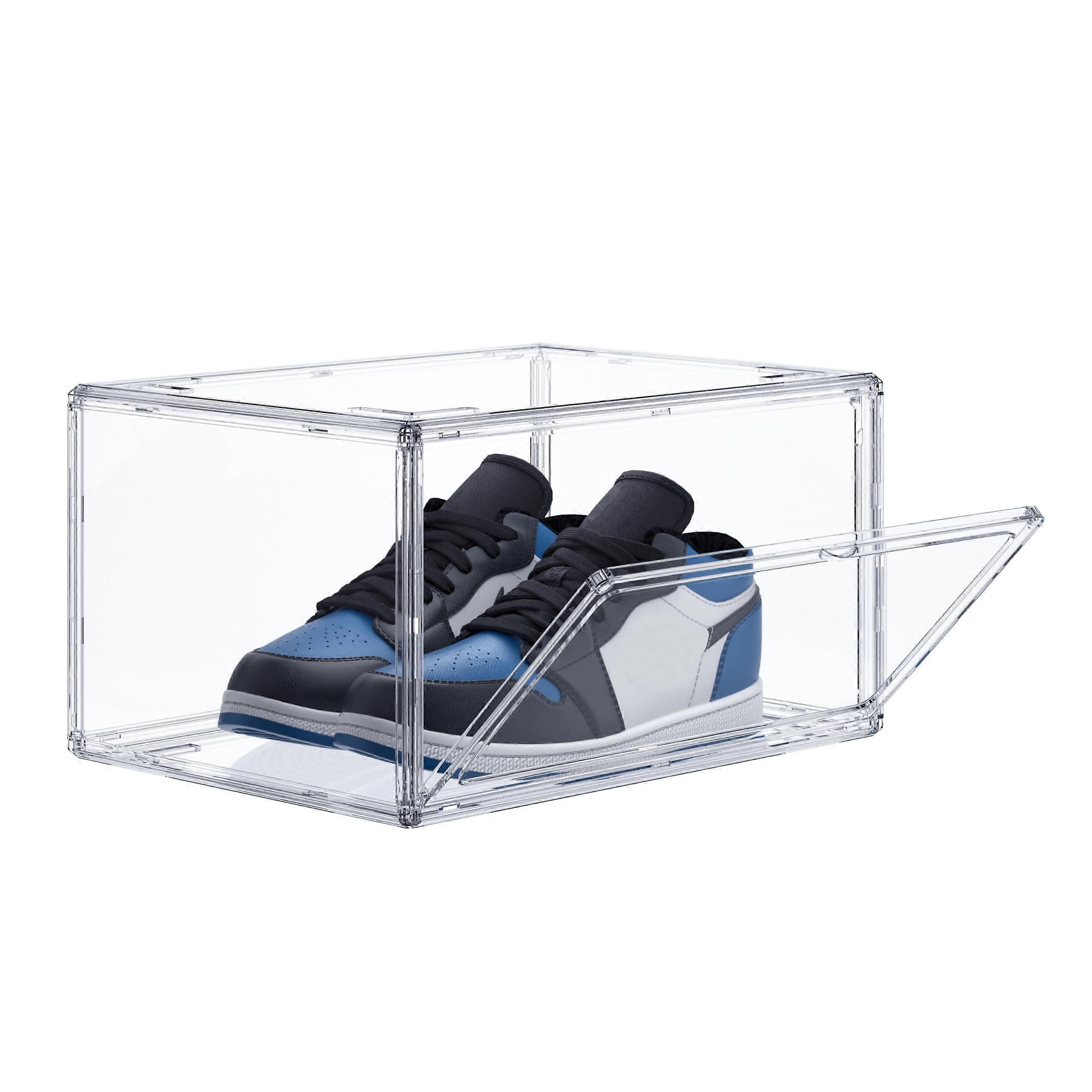 Clear Shoe Storage Box with Magnetic Door, 360° Transparent Stackable Organizer for Size 14 Shoes