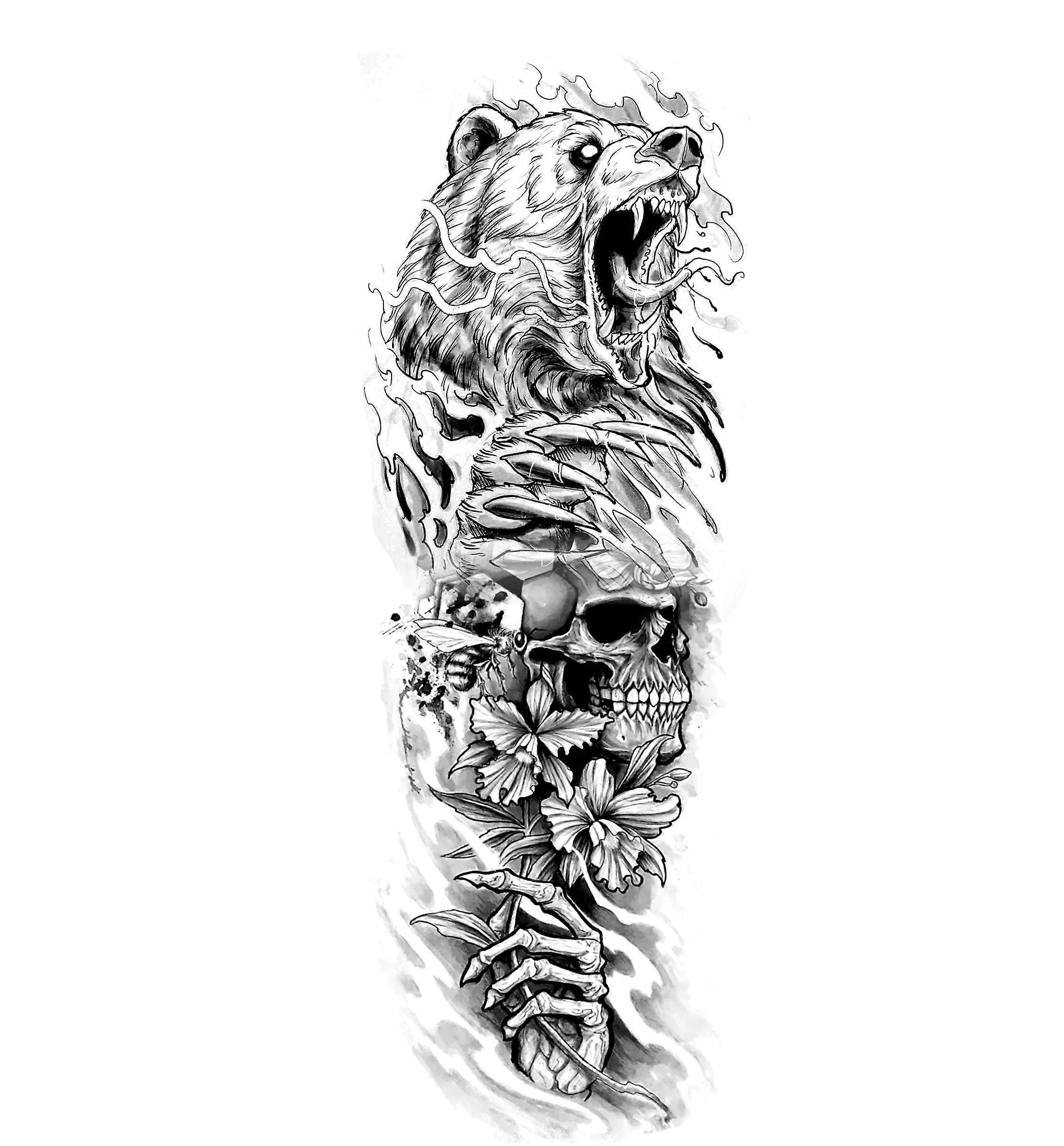 6 Sheets Temporary Sleeve Tattoos Waterproof 3D Bear Lion Skull Designs Full Arm Coverage Realistic Effect