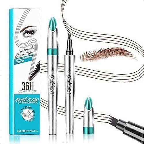 Microblading Eyebrow Pen Light Brown, 4Fork Tip Waterproof LongLasting Brow Pencil with Brush
