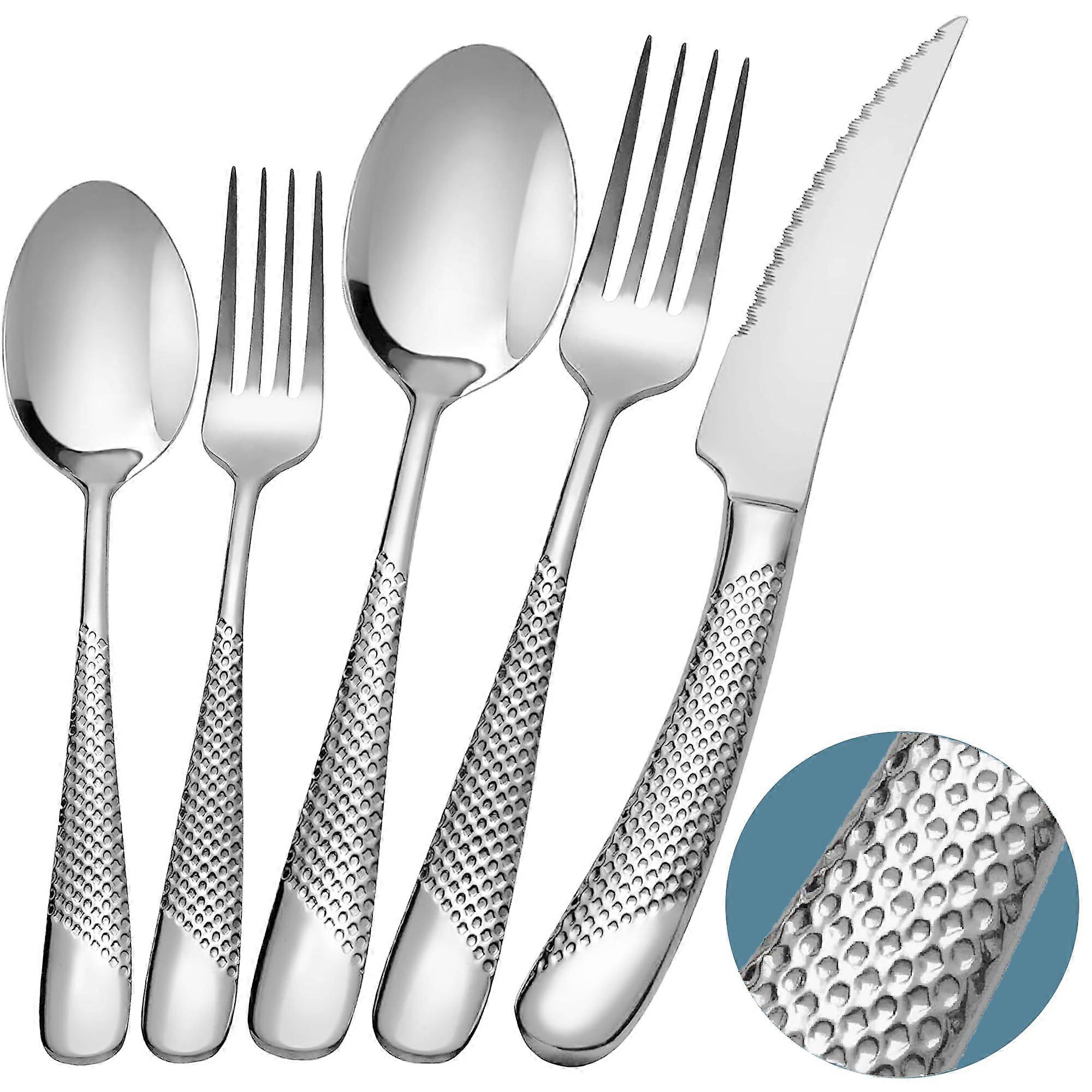 20 Piece Hammered Stainless Steel Silverware Set for 4, 18/10 Flatware, Dishwasher Safe