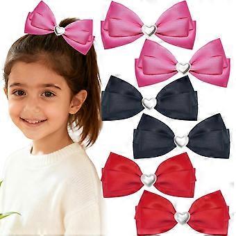 6PCS Pearl Bow Hair Clips for Women with Heart Accents, Elegant Barrettes in Pink Black Red