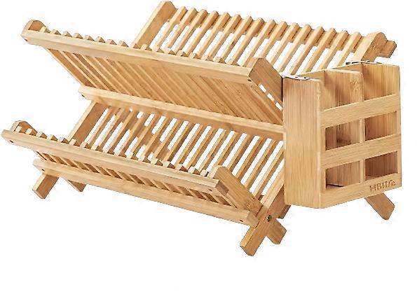 Bamboo Folding Dish Drying Rack with Cutlery Holder