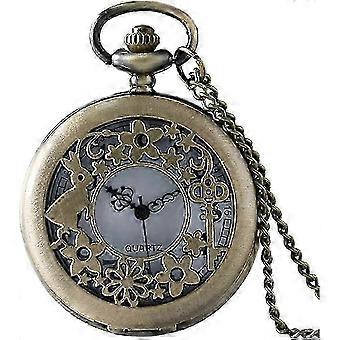 alice in Wonderland Themed 3D Bronze Effect Women\'s Quartz Pocket Watch Necklace - On 32" Inch / 80cm ChainJJ
