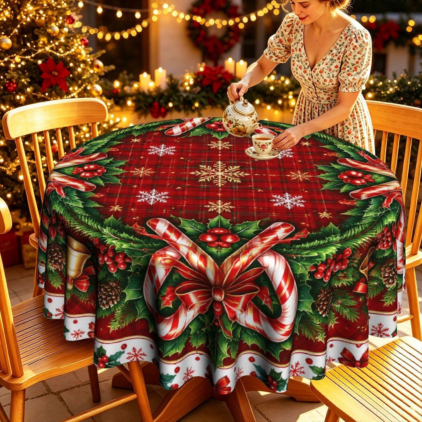 Festive Christmas Plaid Candy Cane Round Tablecloth