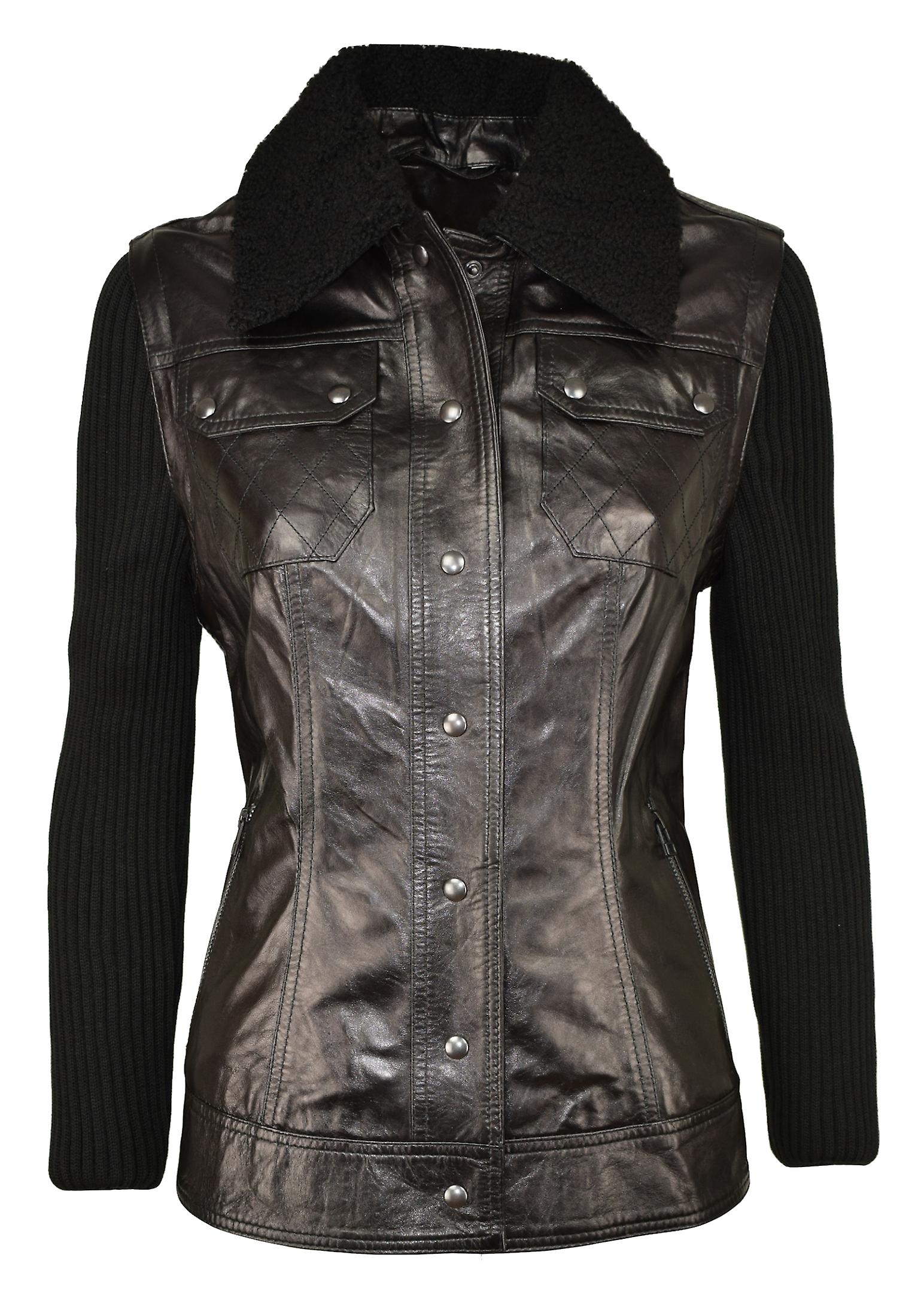 Women's leather jacket in shirt look with detachable sleeves Tina