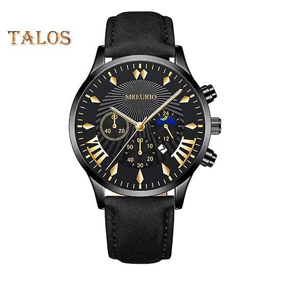 Men Quartz Watch Round Dial Three-eye Calendar Faux Leather Band No Delay Time-checking High Accuracy Daily Wristwatch Analog Watch