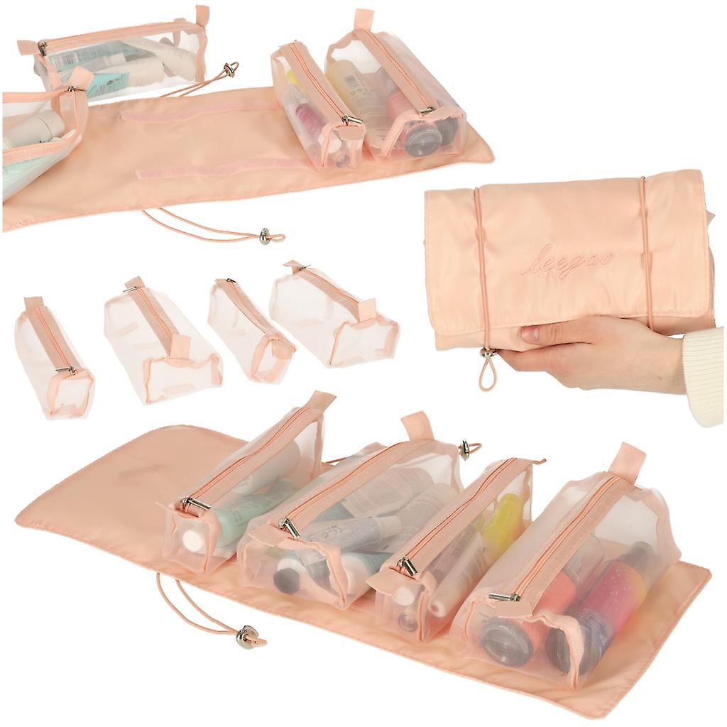 Foldable Cosmetic Travel Bag Detachable Roll-up 4-in-1 Portable Pink with Large Capacity
