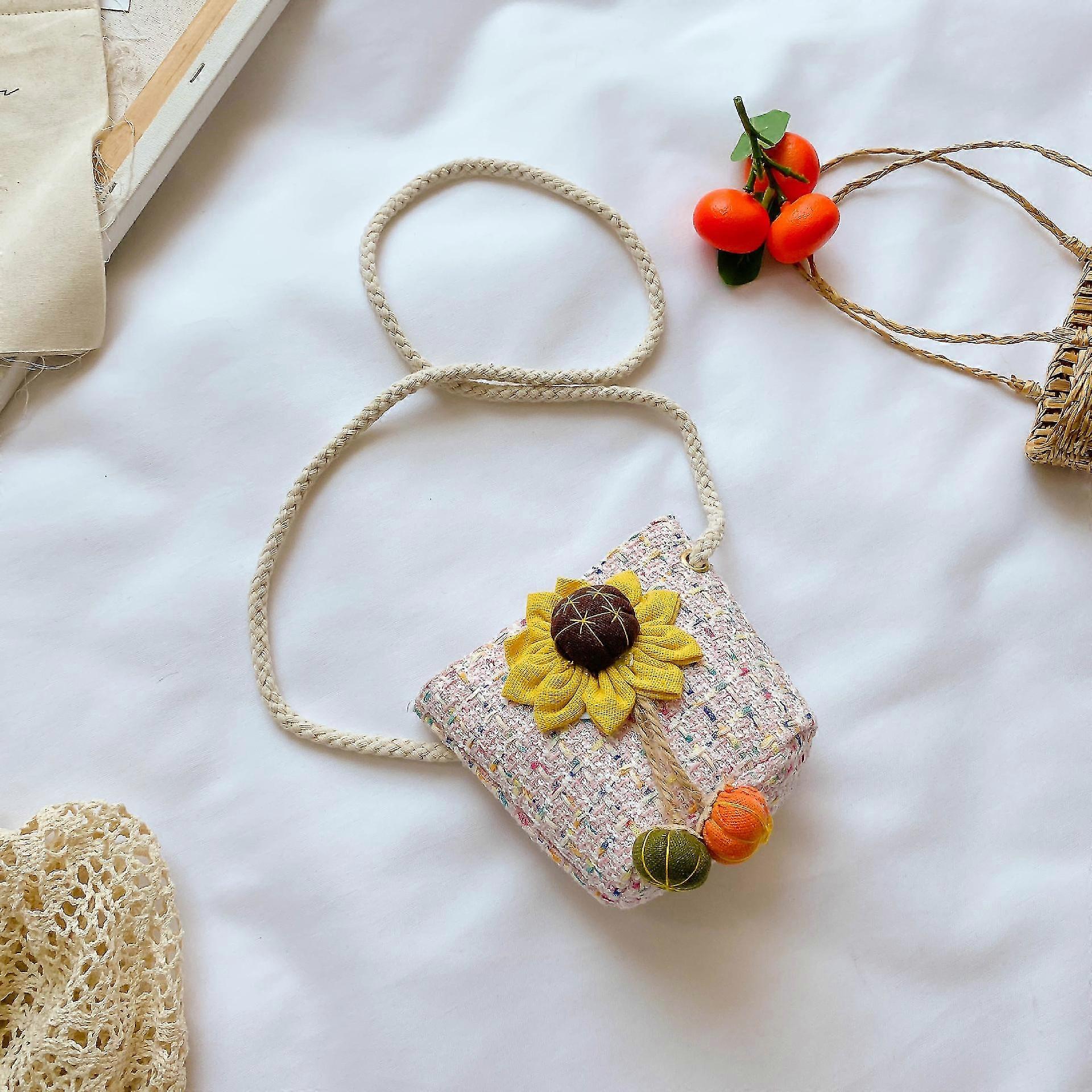 حقيبة كتف منسوجة للأطفال ، محفظة ، شكل لطيف 12 * 17 سم (وردي + عباد الشمس)