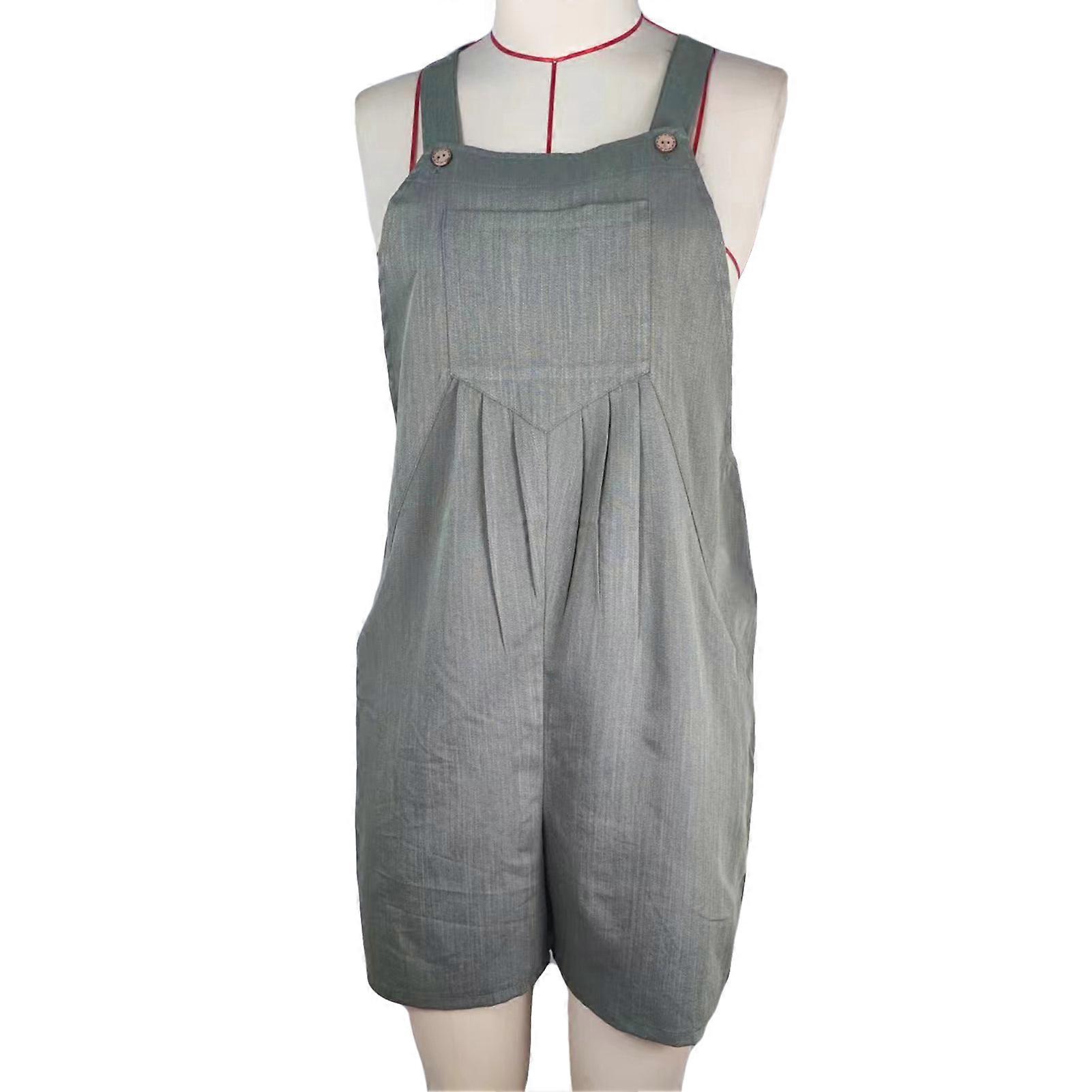 女性カジュアルオーバーオールジャンプスーツショーツルーズボタン付きサマーオーバーオールポケット付きショーツグレーグリーンM
