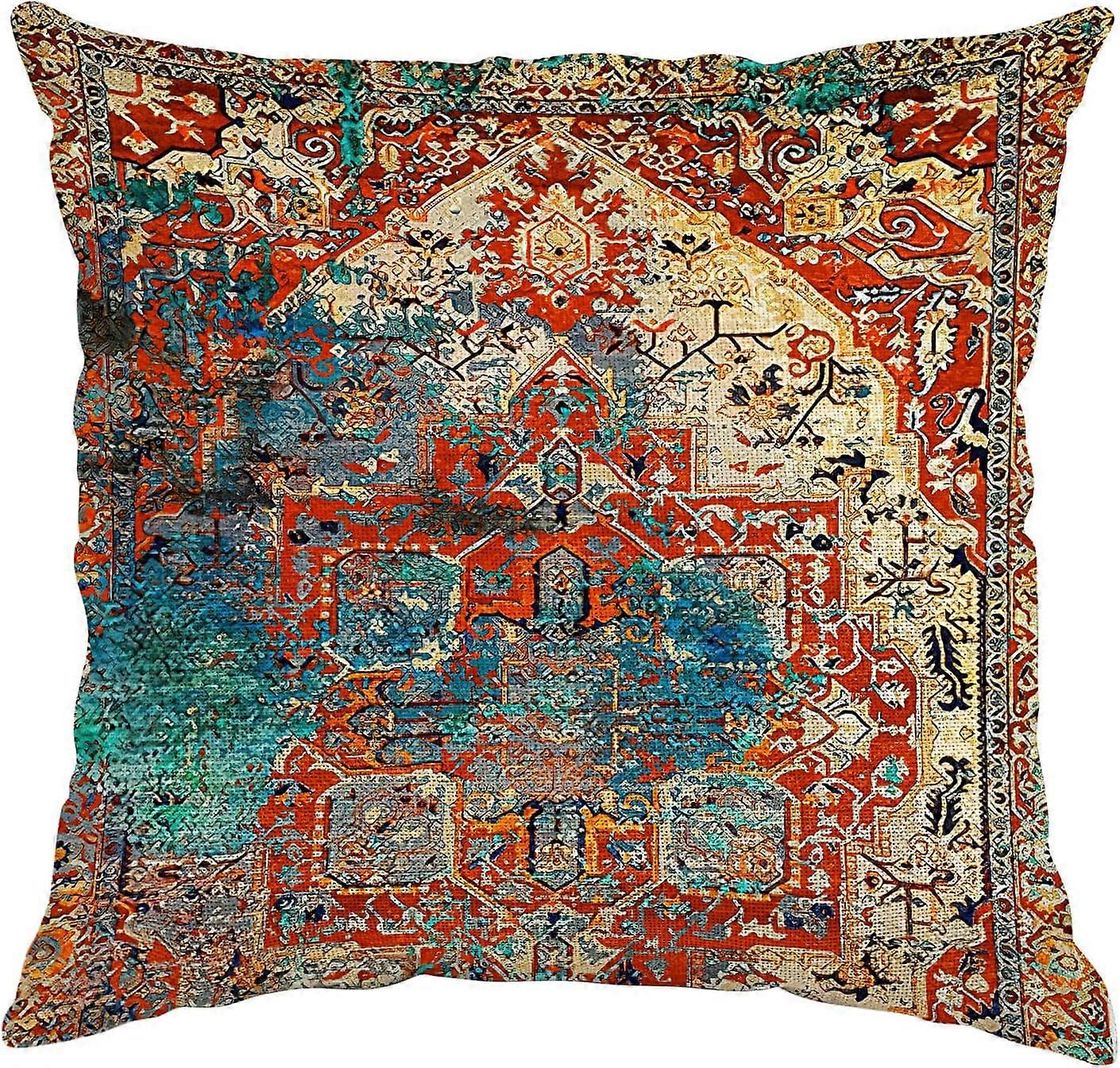 أغطية وسادة بوهو 20 × 20 بوصة ، غطاء وسادة أحمر أحمر عتيق أزرق عتيق عرقي مزخرف أحمر أزرق وسادة ديكور منزلي مربع كتان بيل