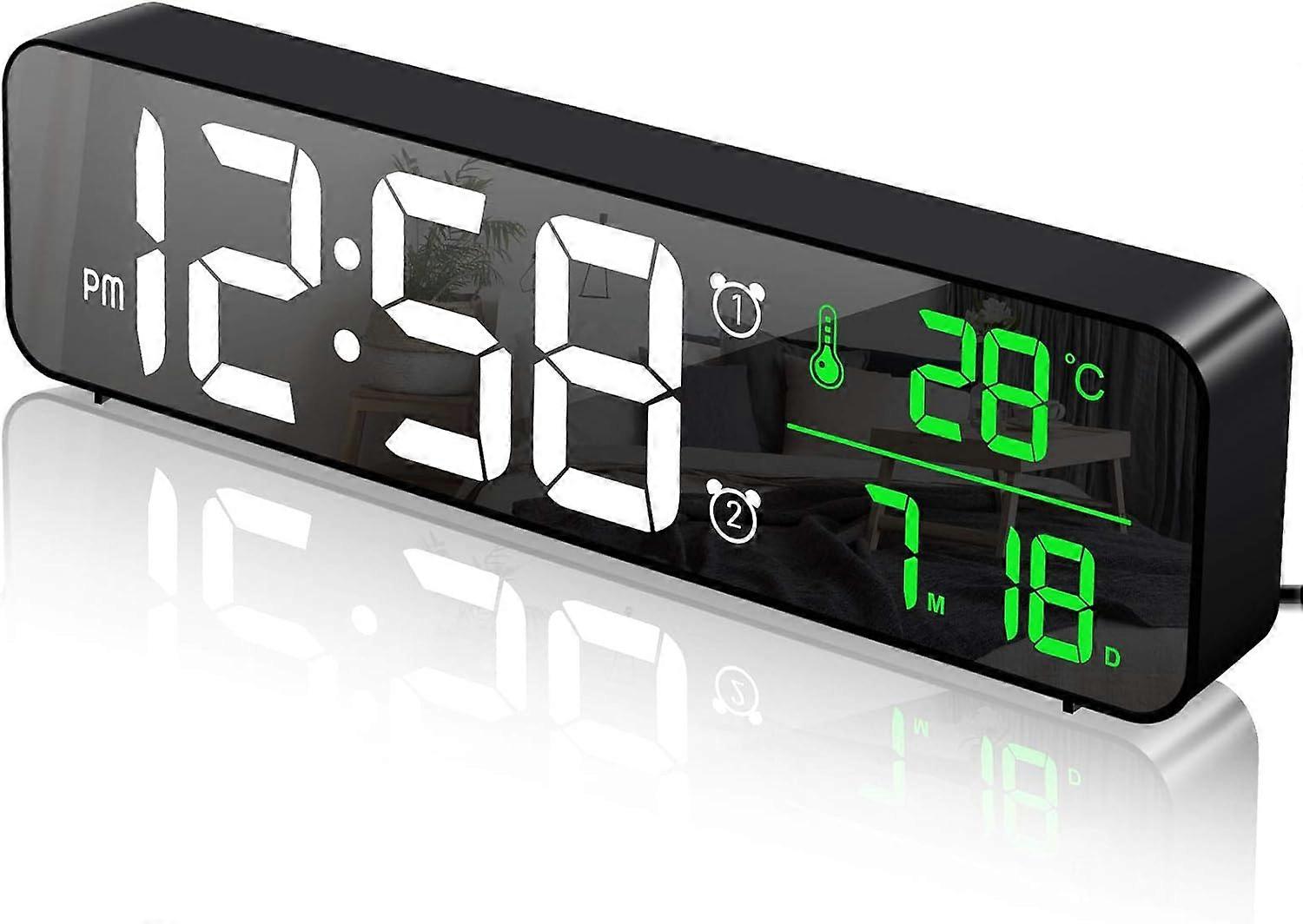 Digital Alarm Clock, Wall Clock Morning Alarm Clock LED Digital Mirror Large Screen with Date Temperature, 2 Alarms, 40 Music, 6 Dimmable Brightness, 