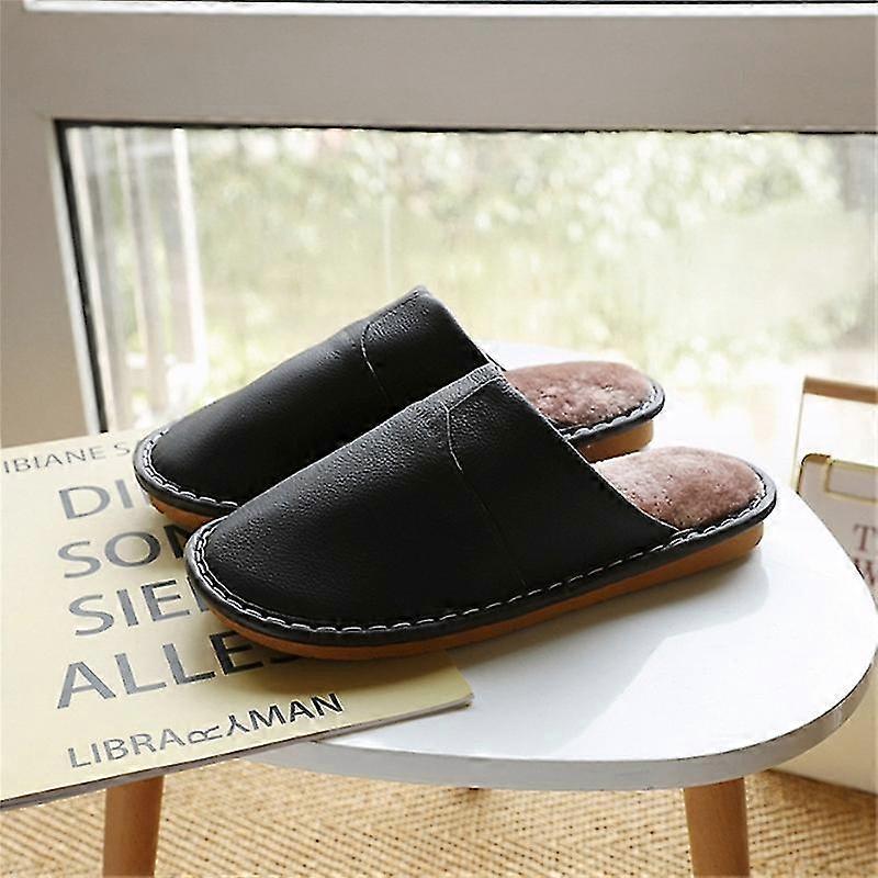 Mens Cozy Genuine Cowhide Leather High Density Foam Anti-skid Sole Slippers With Super Soft Linning Indoor/outdoor