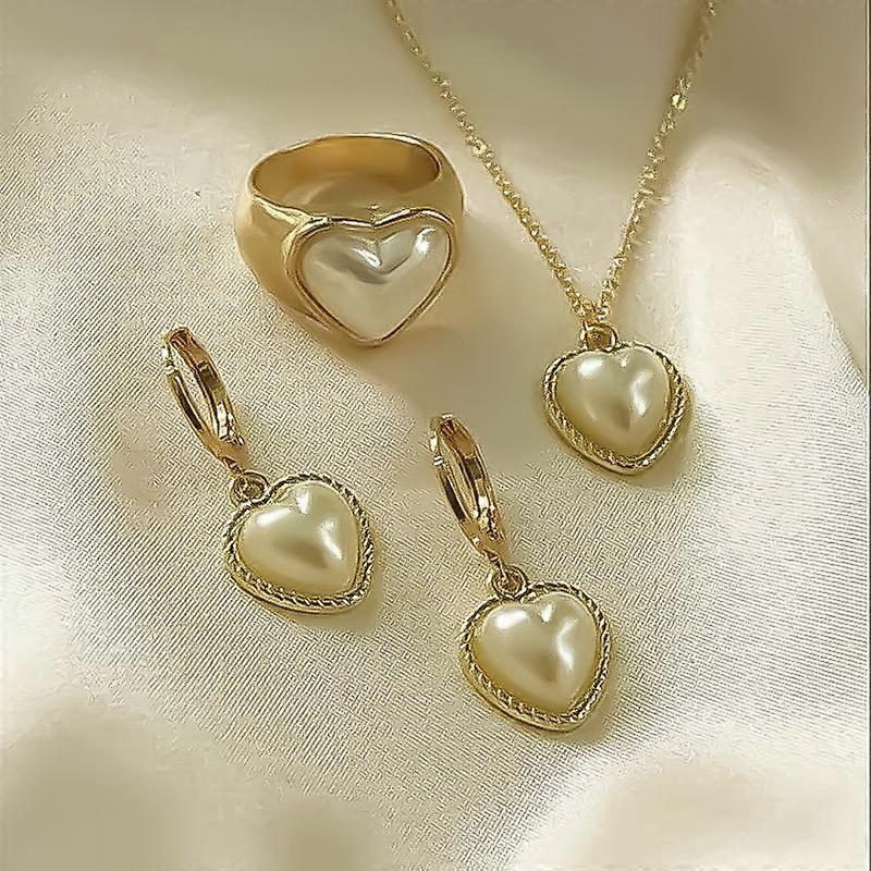 אופנה סט תכשיטי פנינה 3 חלקים לנשים טבעת לב קוריאנית שרשרת תליון סט עגילי חישוק טרנדי אלגנטי מתנת חתונה