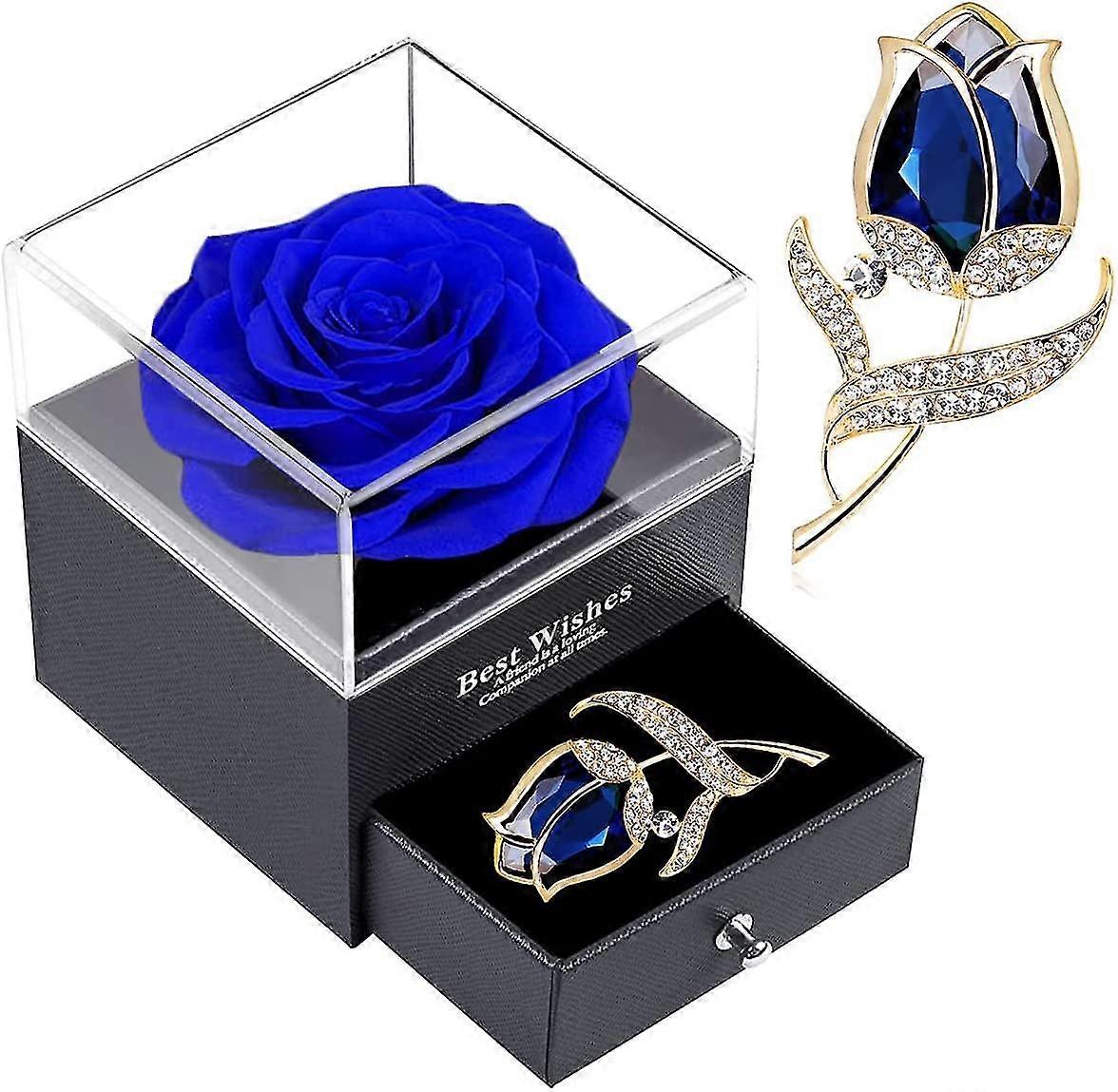 Rose Gift - Enchanted Blue Rose With Ruby Rose Brooch Eternal Flower Rose In Box With Pin