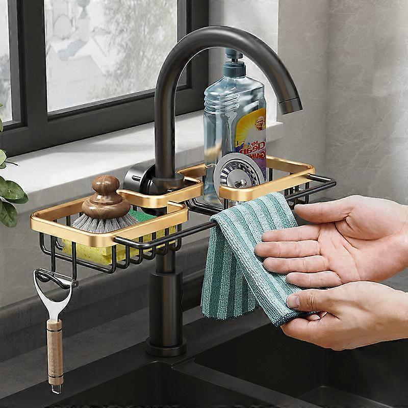 Faucet Storage Rack Sponge Holder with Hook, No Drilling