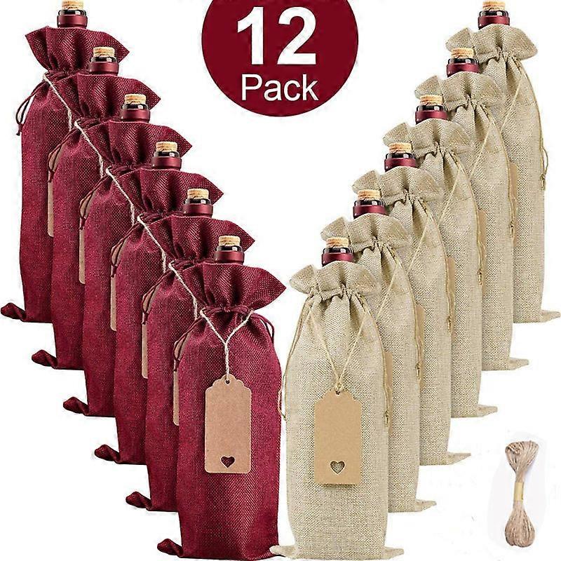 Burgundy 6pcs + raw hemp color 6pcs12pcs Burlap Wine Bag with Drawstring