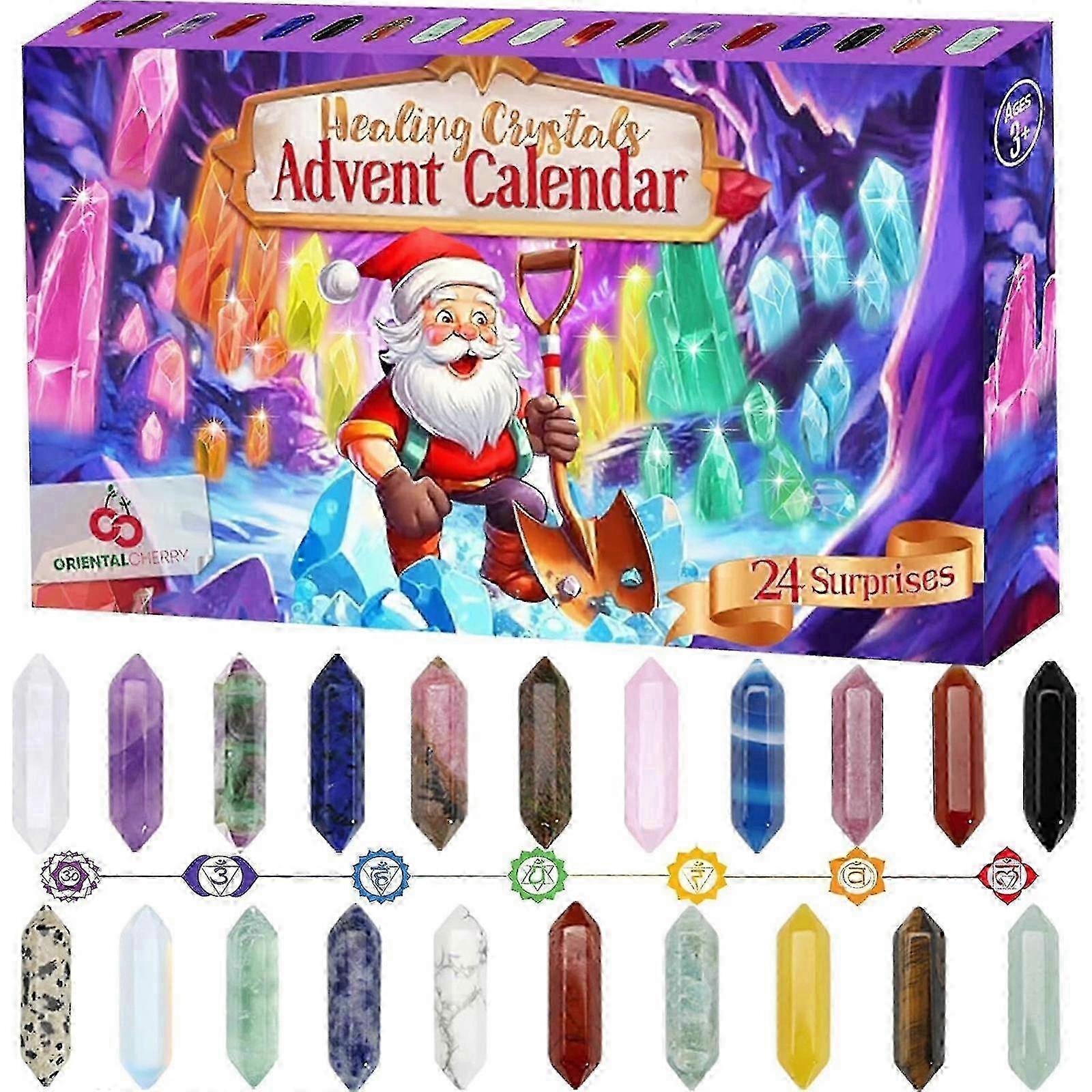 2024 מתנות לוח שנה אדוונט 24 ימים ערכת אבני קריסטל עם מחזיק שרשרת קריסטל זכוכית מגדלת תיק אחסון