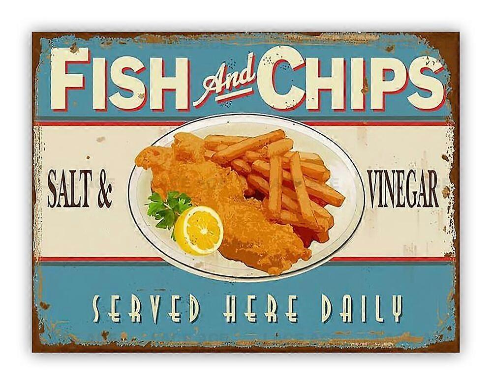 フィッシュ&チップスはここで提供日常金属ガレージ看板キッチンレストランカフェモード-201