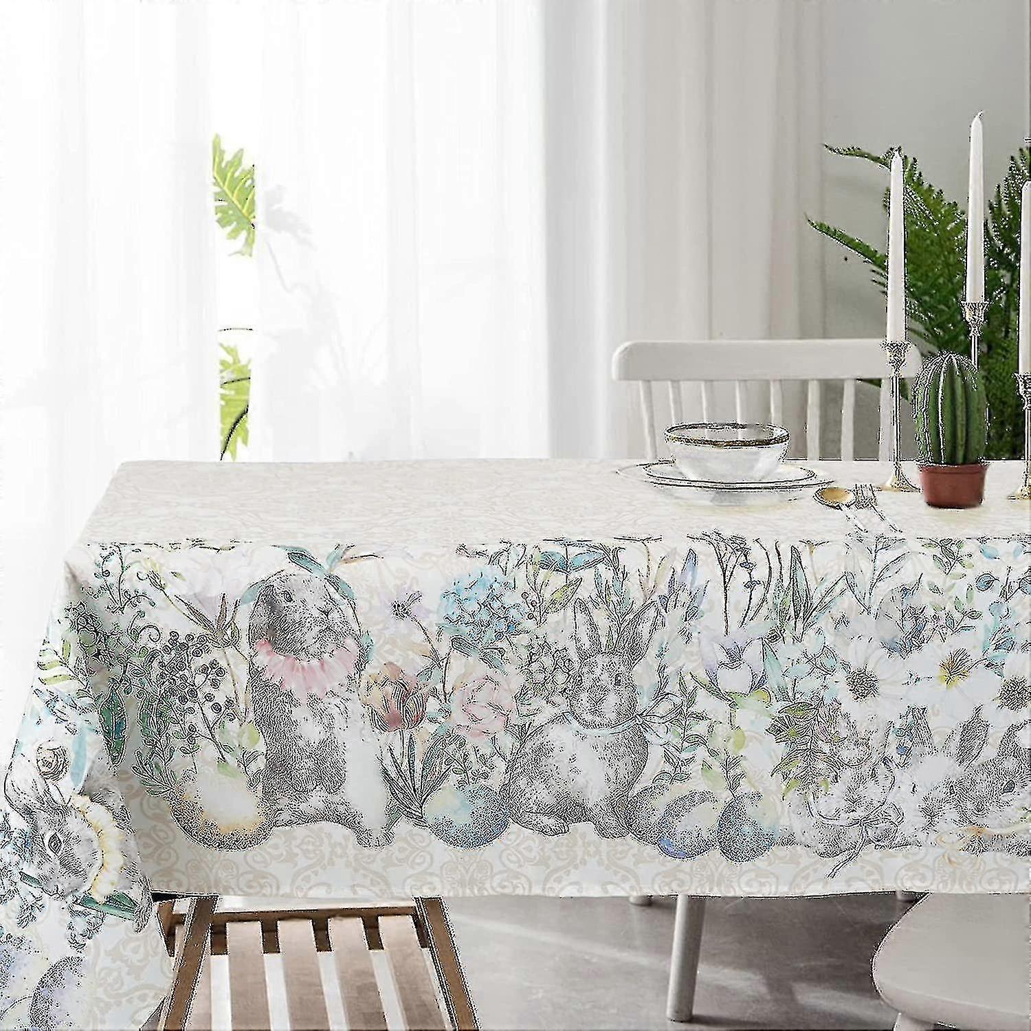 Rectangle Easter Tablecloth, Cute Bunny & Floral Design, Khaki/Yellow, Spring Decor