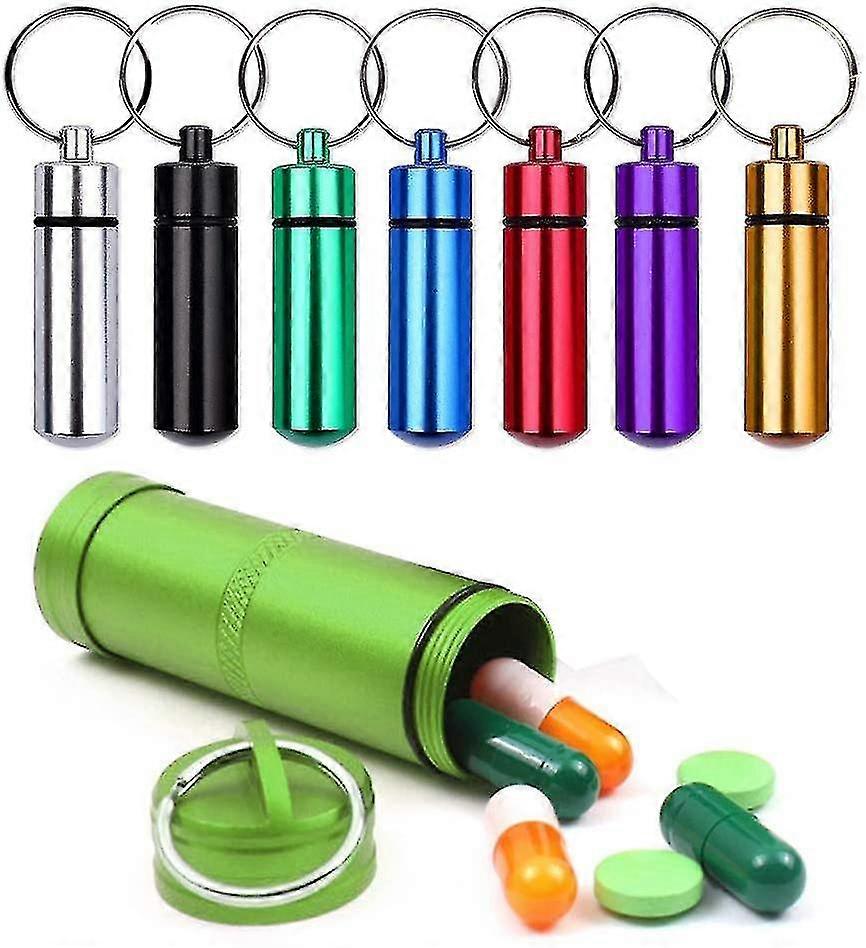 Waterproof Pill Bottle Aluminum, 8pcs Outdoor Capsule Keychain Waterproof Pill Holder Box Case Bottle Keychain Container Storage Metal Container(color