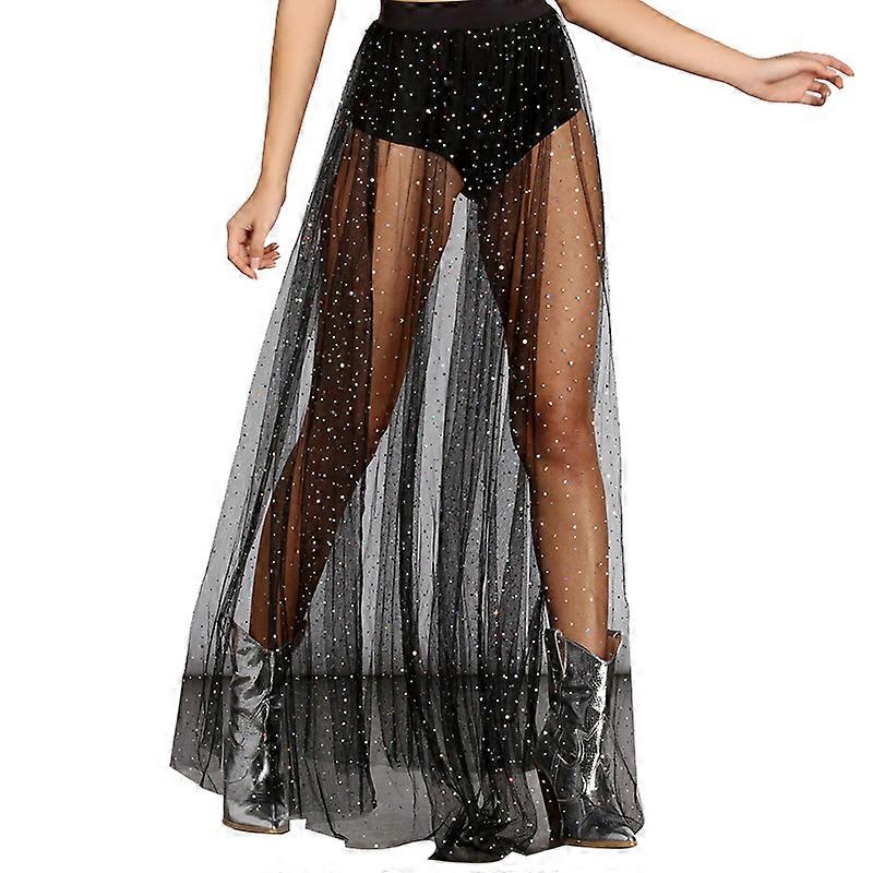 Women's Sheer Mesh Glitter Sequin Party Maxi Skirt