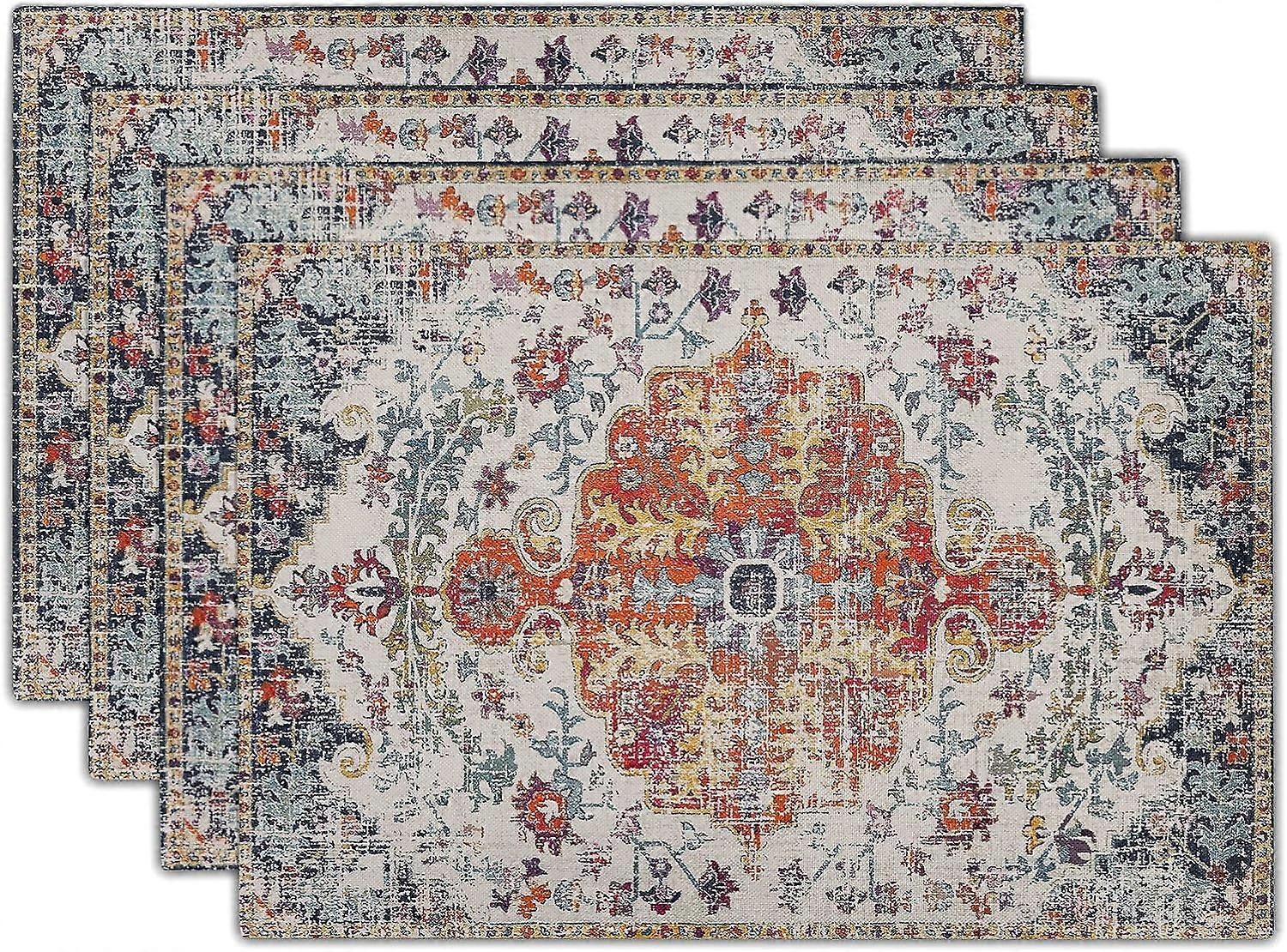 Boho Carpet Placemats Set of 4 Vintage Orange Blue Ethnic Bohemian Floral Carpet Linen Washable Kitchen Dining Table Mats Stain Heat-Resistant Desktop