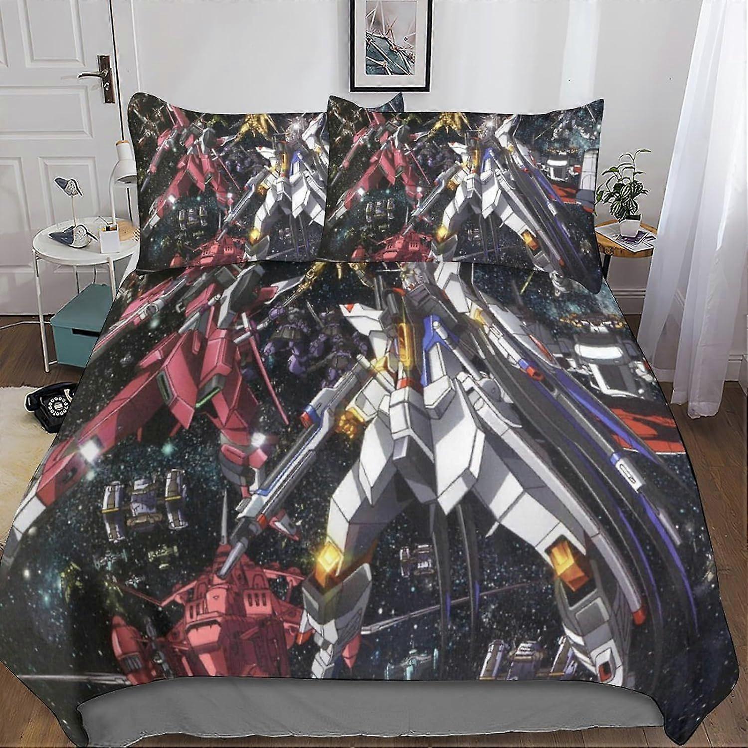 Gundam sengetøy sett med 3D-trykt dynetrekk, glidelåslukking i mikrofiber med putevar, for gutter, jenter og voksne