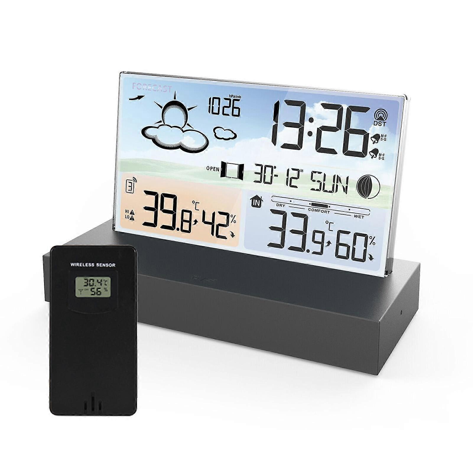 Weather Station Wireless Indoor Outdoor with Sensors Transparent Glass Color Display Digital