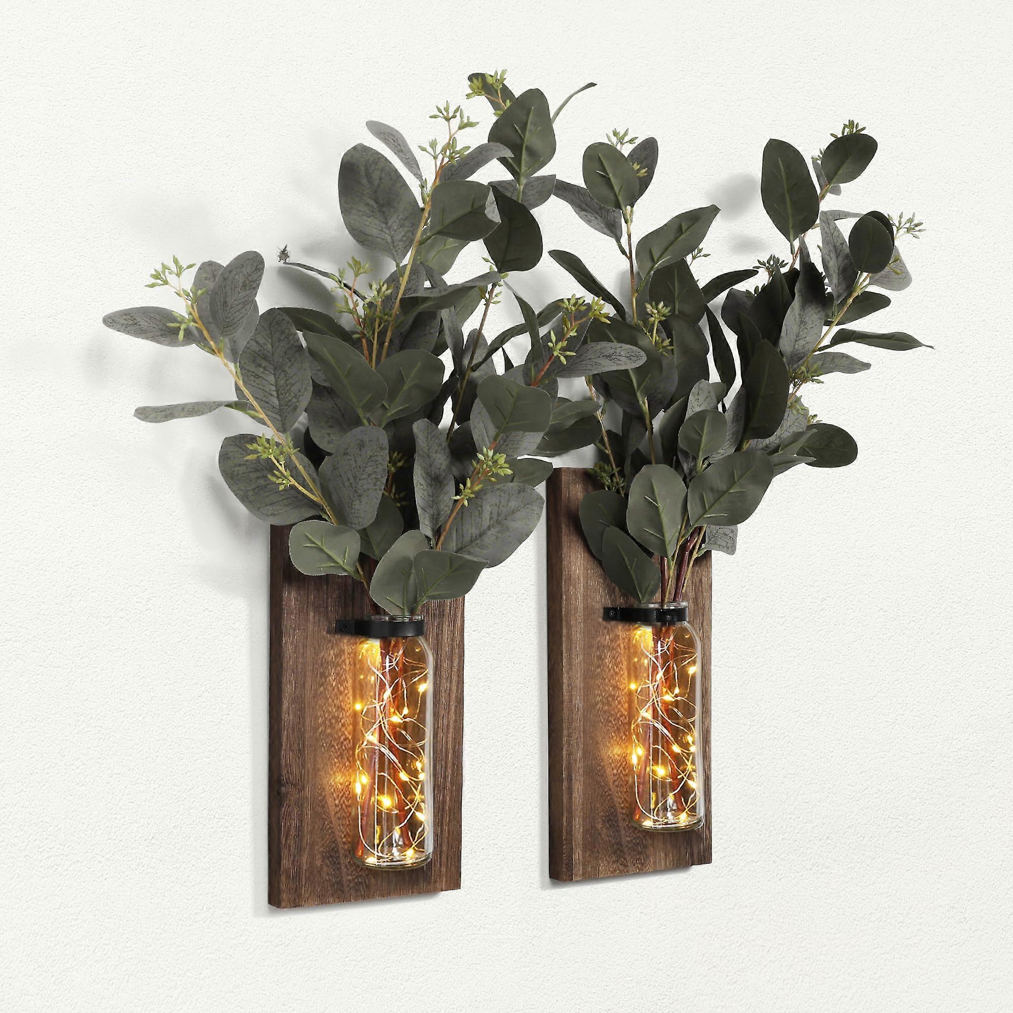 2-Pack Wood Wall Sconces with Glass Vases for Indoor Plants – Rustic Natural Decor for Home Wall Art