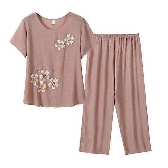2 Pcs/Set Women Top Pants Set O Neck Flower Print Grandma Style Elastic Waists Summer Pajamas Set for Daily Wear