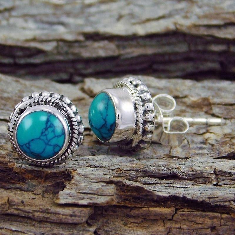 Women's Small Stud Earring with Round Turquoise Stone Bohemian Retro Ethical Style Wedding Accessories Party Birthday Gift