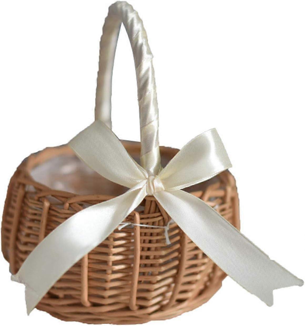 Wicker Rattan Flower Basket for Weddings, Hand Woven Flower Girl Basket with Handle, Plastic Insert and Candy Storage
