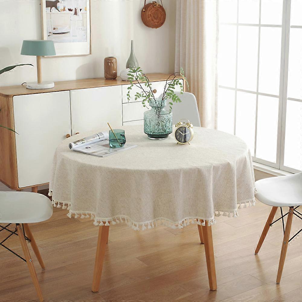 Round tablecloth, washable linen tablecloth, wrinkle-free, dustproof with tassels for kitchen, dining room, dining table, coffee table, garden table