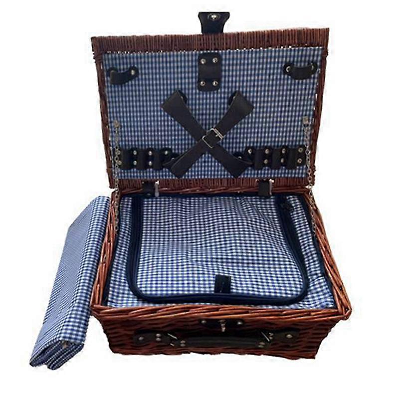 For 4 People Wicker Picnic Basket Outdoor Camping Lunch Box Set(Blue)