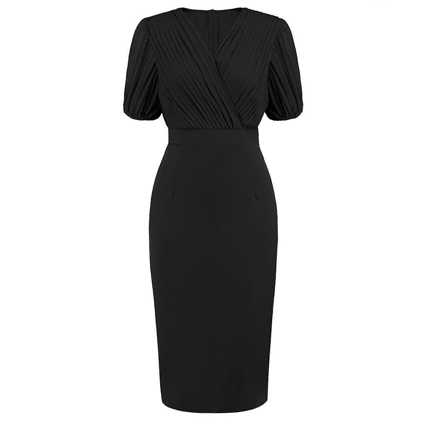 Womens Vintage Short Sleeve V Neck Wrap Pleated Pencil Midi Dress Pencil  Cocktail Party Dresses Black L | Fruugo UK
