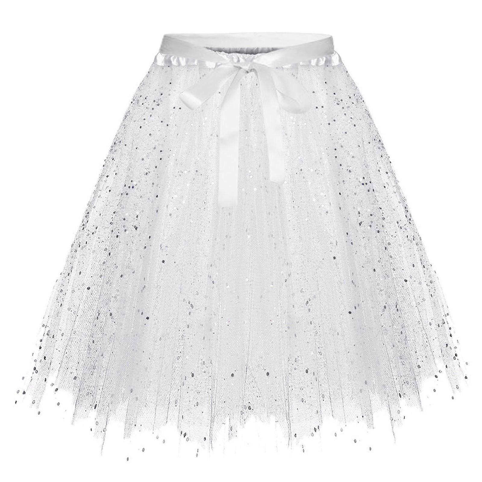 Women's Tutu Skirts Layered Knee Length Tulle Skirt A-line Pleated Princess Skirts Evening Gown Prom Wedding Skirt White 50CM