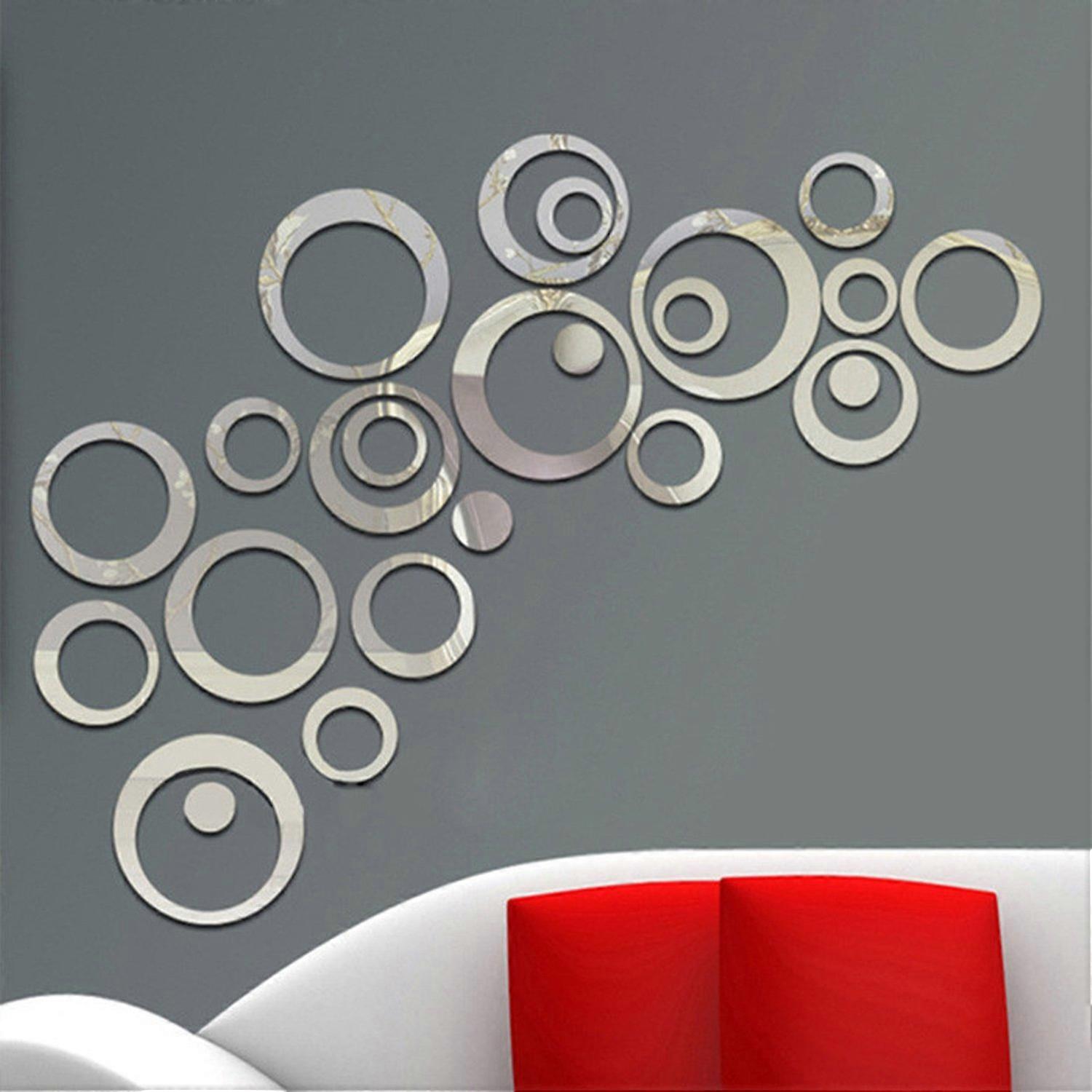 Round Mirror Wall Sticker DIY Set 24 Piece Gray Circle Mirror Decals