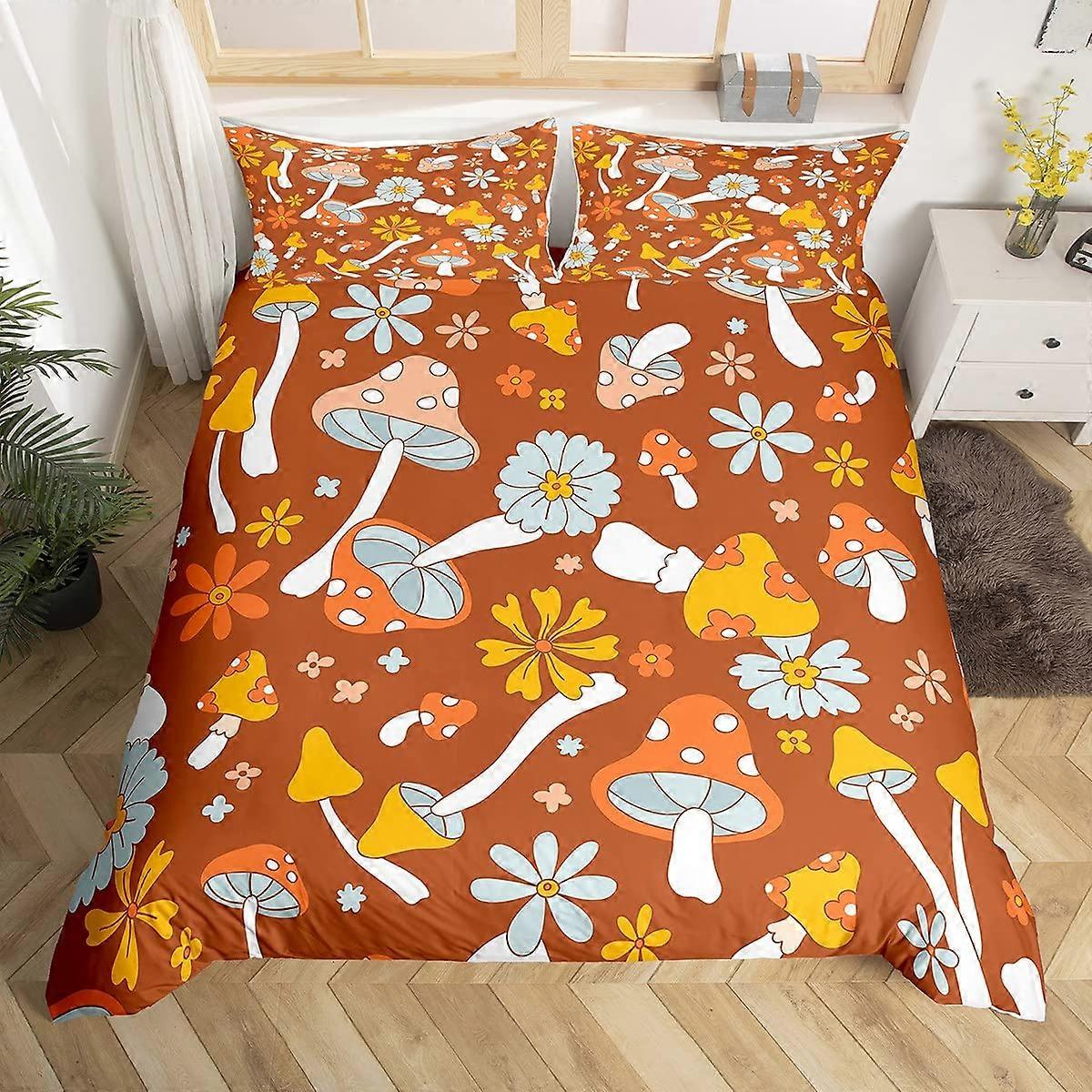60S 70's Retro Hippi Quilt Set Size, King Groovy Flowers Mushroom Printing, 3pcs