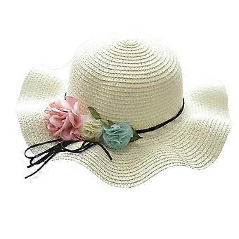 Women's Summer Straw Hat with Flowers and Wavy Edges and Large Sunshade