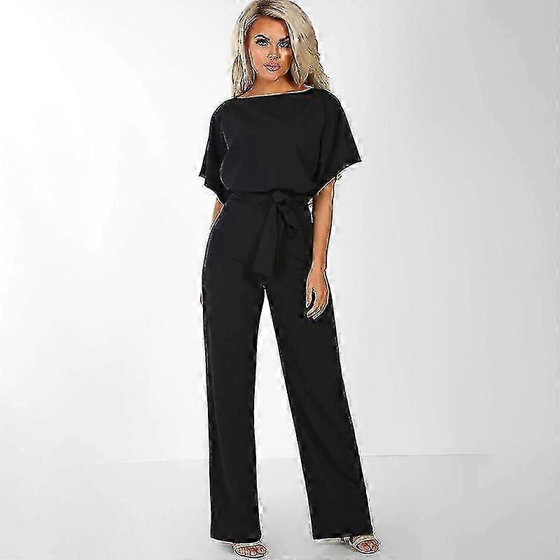 Women Short Sleeve Wide Leg Jumpsuit Formal Party Long Pants Playsuit (navy Blue)
